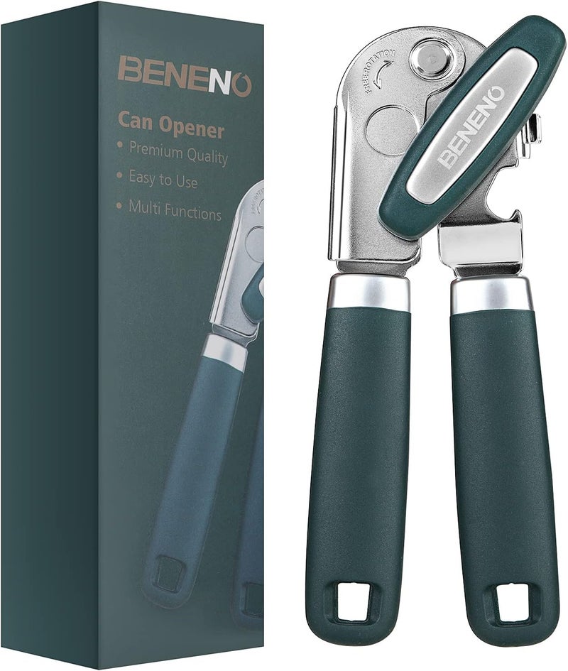 Beneno Heavy Duty Hand Can Opener Manual with Magnet, Durable Sharp Carbon Steel Blade Smooth Cutting, Big Effort-Saving Knob & Soft Grip Handle, Multifunctional Kitchen Tool with Bottle Opener, Green - Image 1